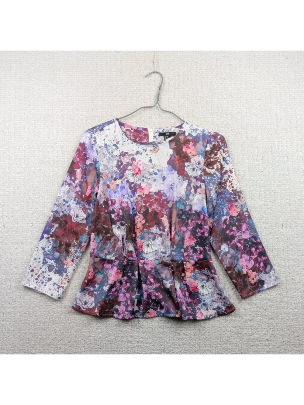H&M Top Floral Peplum Blouse Boho Folk Indie Flowy Floral Artsy AOP Women Sz 4